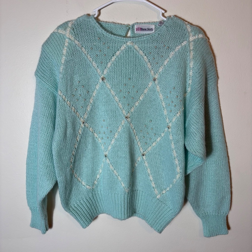 Vintage Dana Scott Beaded Argyle Sweater Light Blue 100% Acrylic Size Large